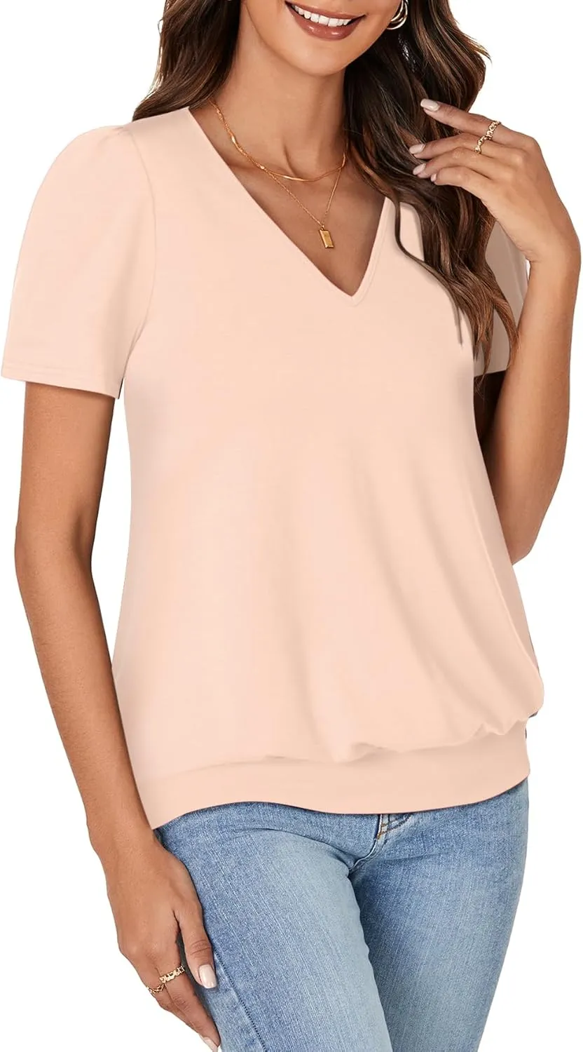 KIFOVEN Women’s Casual Short Sleeve V Neck T Shirt Summer Banded Bottom Loose Fit Tunic Tee Shirt Top