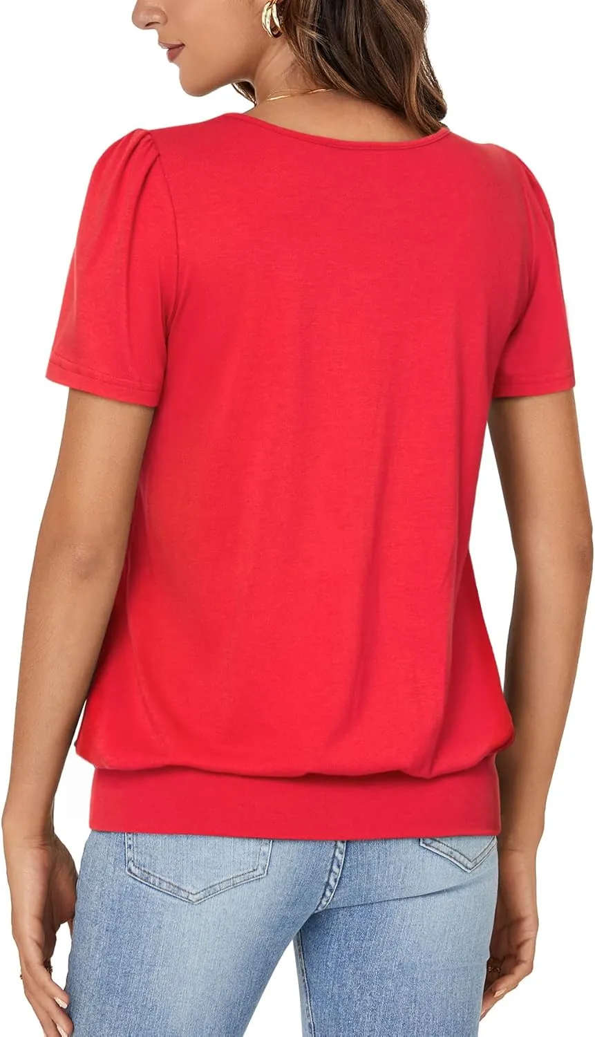 KIFOVEN Women’s Casual Short Sleeve V Neck T Shirt Summer Banded Bottom Loose Fit Tunic Tee Shirt Top