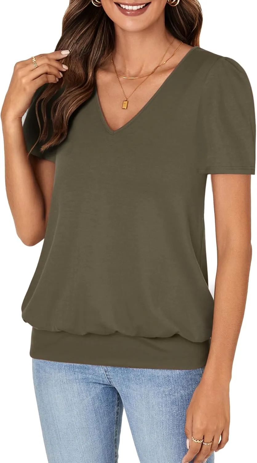 KIFOVEN Women’s Casual Short Sleeve V Neck T Shirt Summer Banded Bottom Loose Fit Tunic Tee Shirt Top