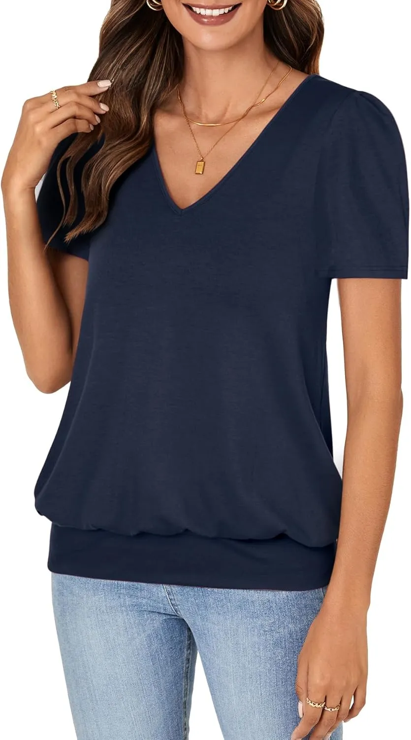 KIFOVEN Women’s Casual Short Sleeve V Neck T Shirt Summer Banded Bottom Loose Fit Tunic Tee Shirt Top