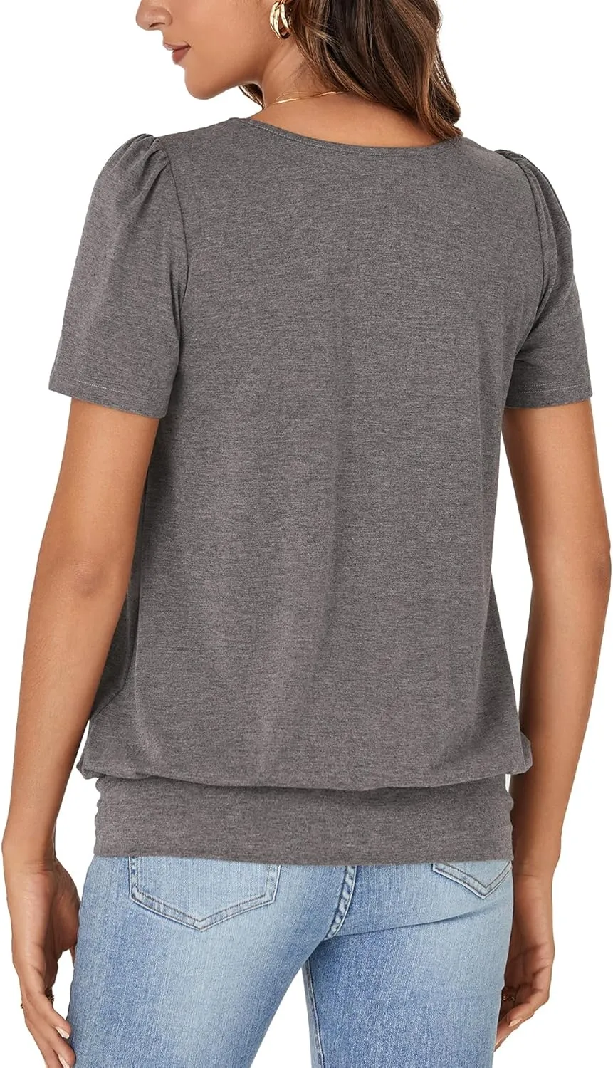 KIFOVEN Women’s Casual Short Sleeve V Neck T Shirt Summer Banded Bottom Loose Fit Tunic Tee Shirt Top