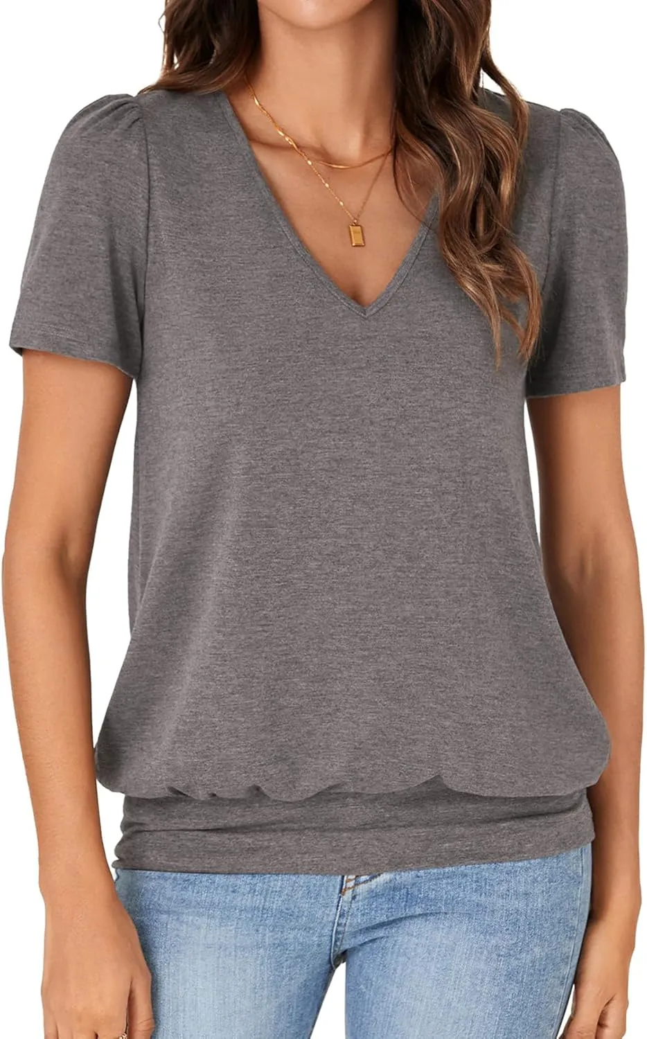 KIFOVEN Women’s Casual Short Sleeve V Neck T Shirt Summer Banded Bottom Loose Fit Tunic Tee Shirt Top