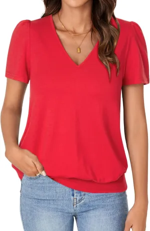 KIFOVEN Women’s Casual Short Sleeve V Neck T Shirt Summer Banded Bottom Loose Fit Tunic Tee Shirt Top