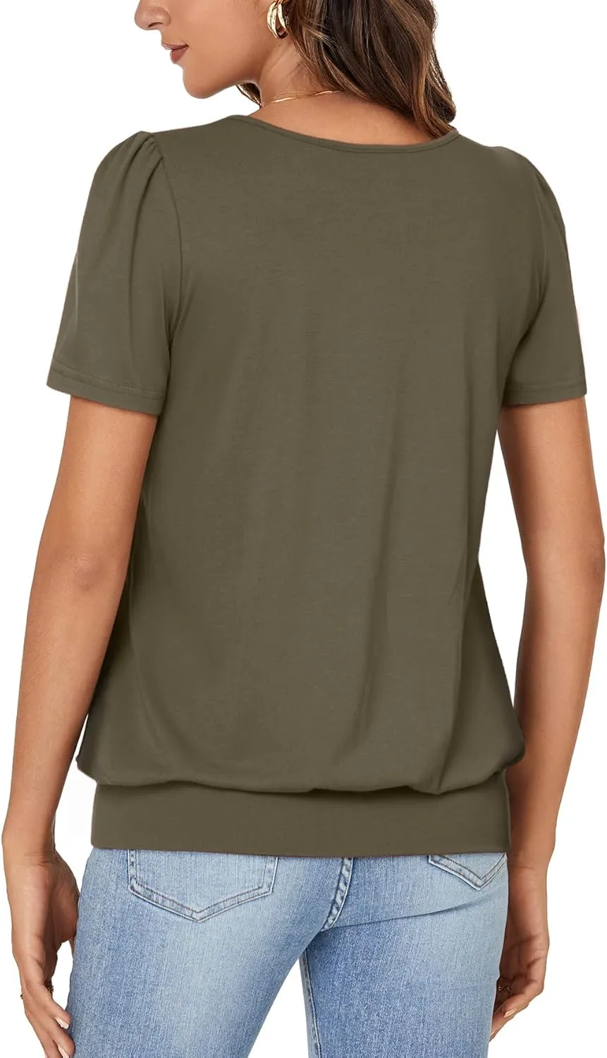 KIFOVEN Women’s Casual Short Sleeve V Neck T Shirt Summer Banded Bottom Loose Fit Tunic Tee Shirt Top