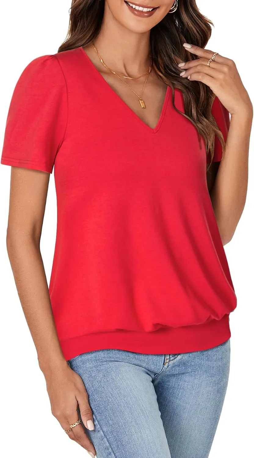 KIFOVEN Women’s Casual Short Sleeve V Neck T Shirt Summer Banded Bottom Loose Fit Tunic Tee Shirt Top