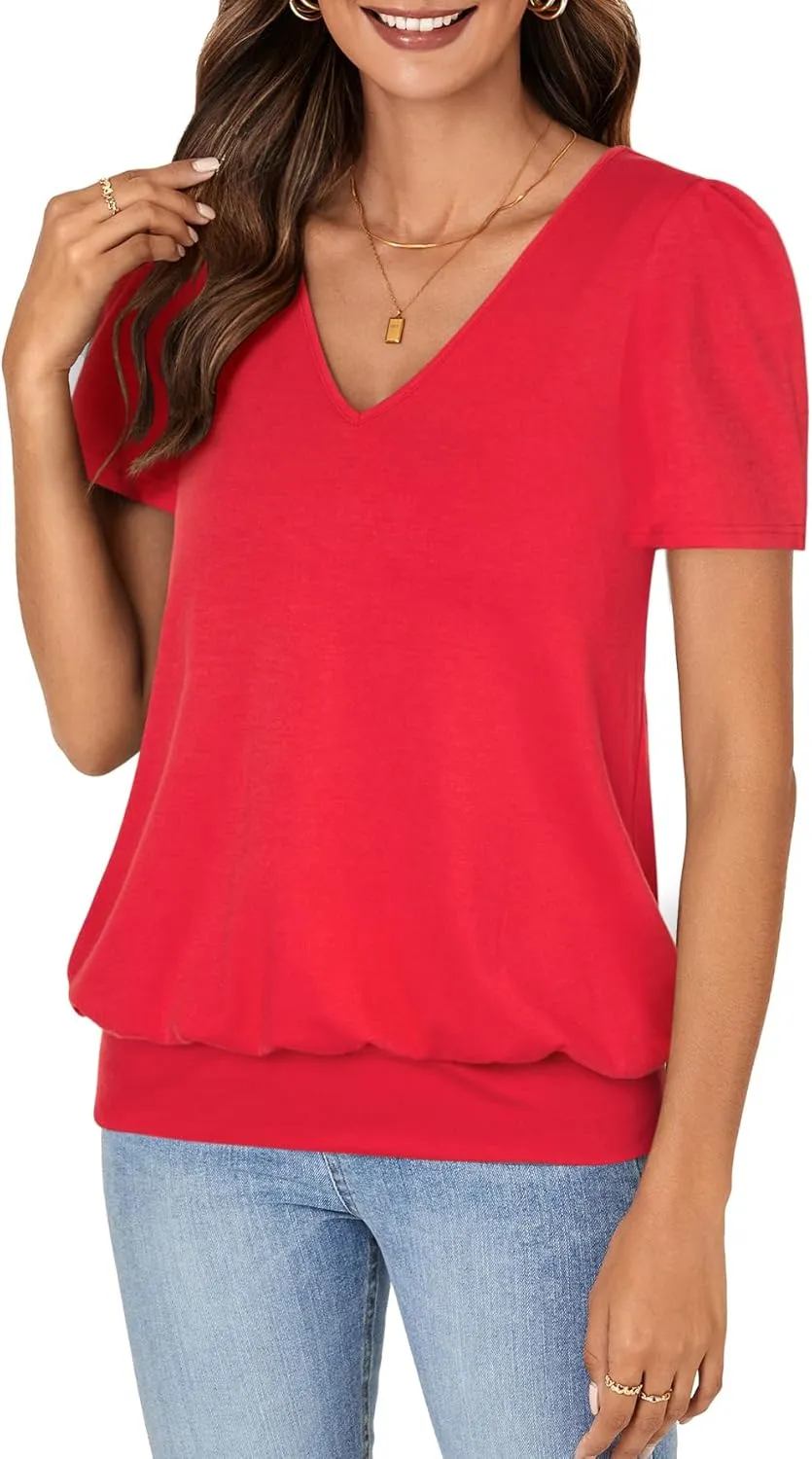 KIFOVEN Women’s Casual Short Sleeve V Neck T Shirt Summer Banded Bottom Loose Fit Tunic Tee Shirt Top