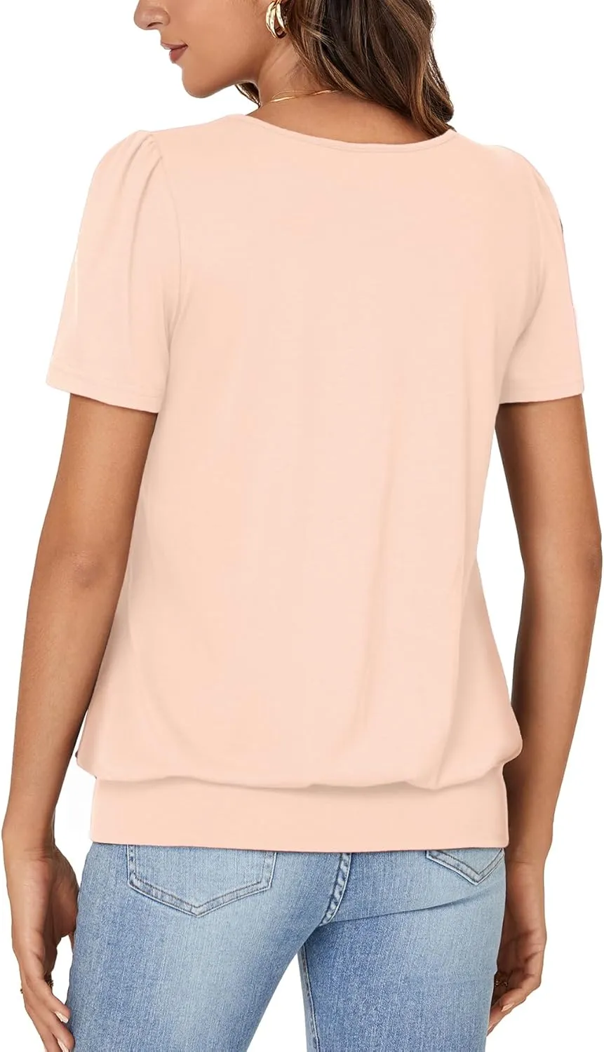 KIFOVEN Women’s Casual Short Sleeve V Neck T Shirt Summer Banded Bottom Loose Fit Tunic Tee Shirt Top