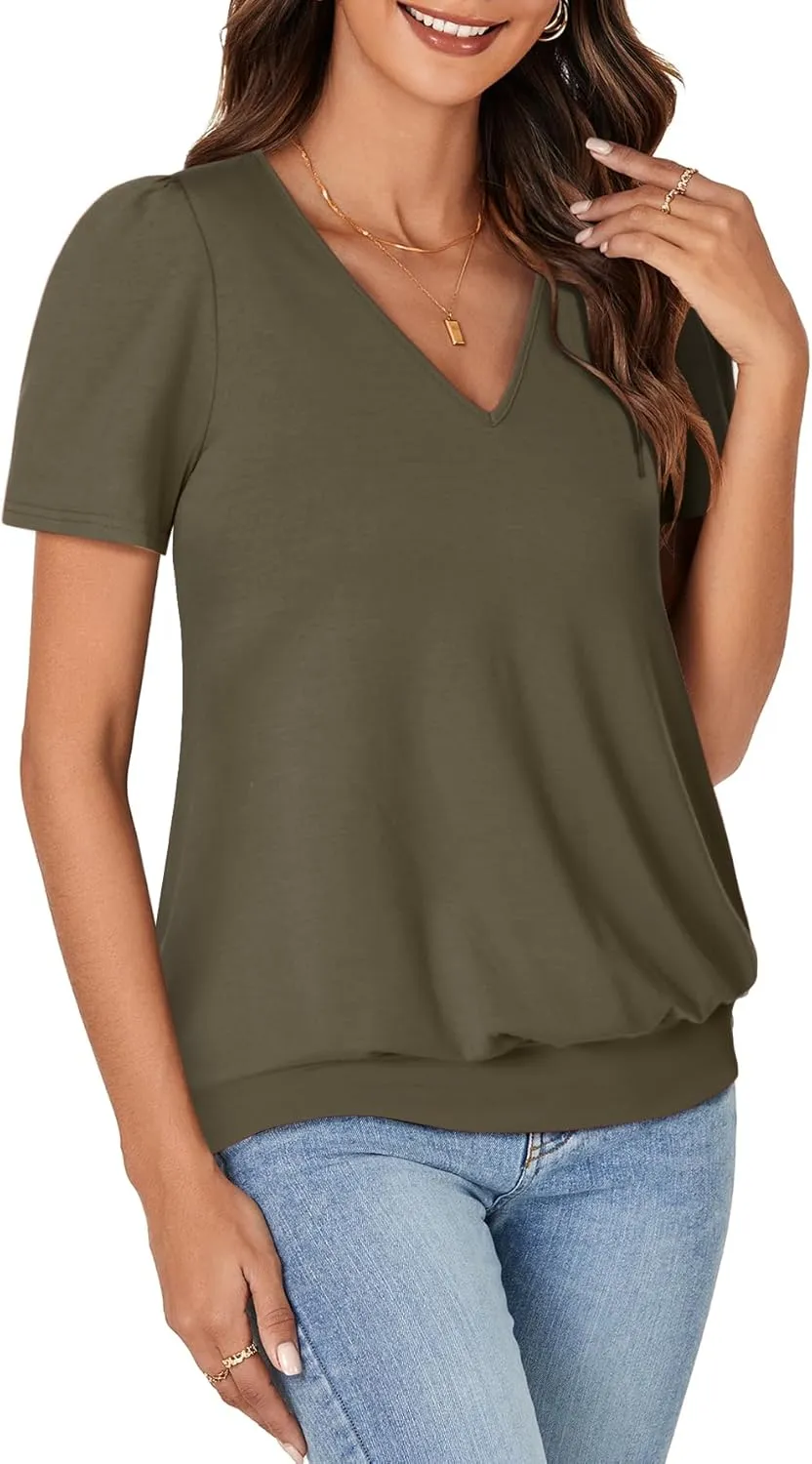 KIFOVEN Women’s Casual Short Sleeve V Neck T Shirt Summer Banded Bottom Loose Fit Tunic Tee Shirt Top