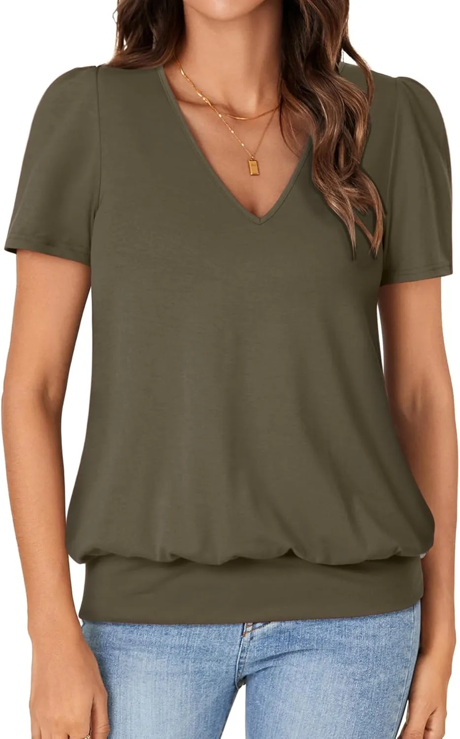 KIFOVEN Women’s Casual Short Sleeve V Neck T Shirt Summer Banded Bottom Loose Fit Tunic Tee Shirt Top
