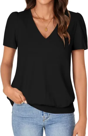 KIFOVEN Women’s Casual Short Sleeve V Neck T Shirt Summer Banded Bottom Loose Fit Tunic Tee Shirt Top