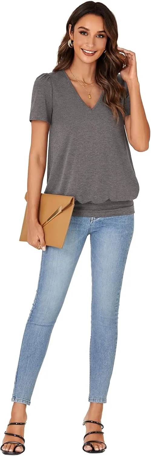 KIFOVEN Women’s Casual Short Sleeve V Neck T Shirt Summer Banded Bottom Loose Fit Tunic Tee Shirt Top