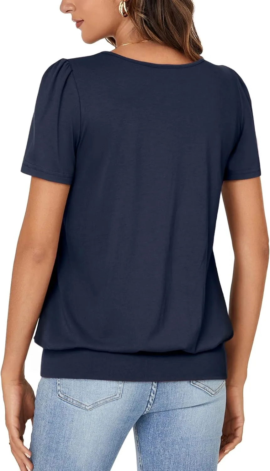 KIFOVEN Women’s Casual Short Sleeve V Neck T Shirt Summer Banded Bottom Loose Fit Tunic Tee Shirt Top