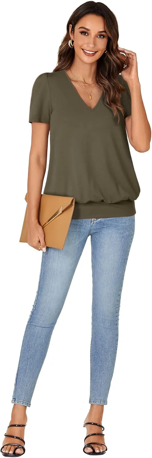 KIFOVEN Women’s Casual Short Sleeve V Neck T Shirt Summer Banded Bottom Loose Fit Tunic Tee Shirt Top