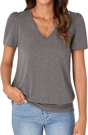 KIFOVEN Women’s Casual Short Sleeve V Neck T Shirt Summer Banded Bottom Loose Fit Tunic Tee Shirt Top