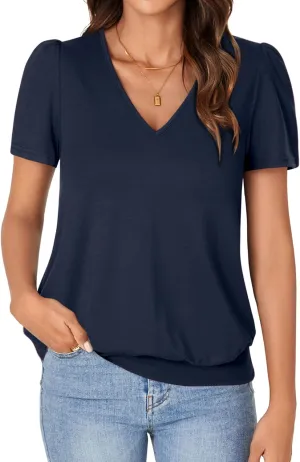 KIFOVEN Women’s Casual Short Sleeve V Neck T Shirt Summer Banded Bottom Loose Fit Tunic Tee Shirt Top