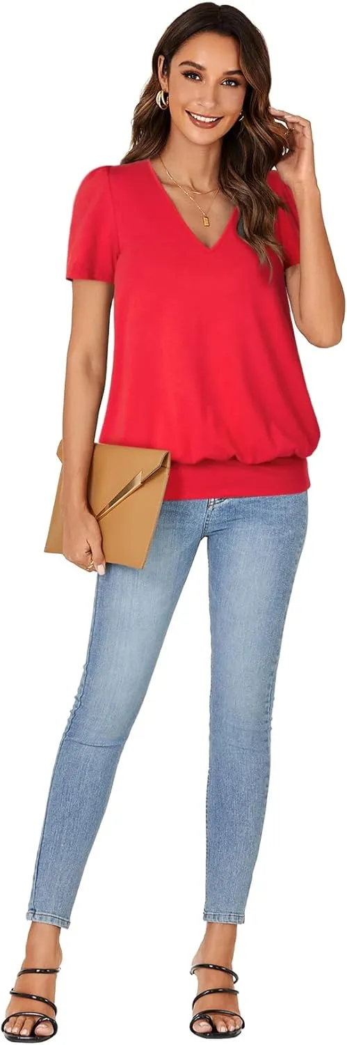 KIFOVEN Women’s Casual Short Sleeve V Neck T Shirt Summer Banded Bottom Loose Fit Tunic Tee Shirt Top