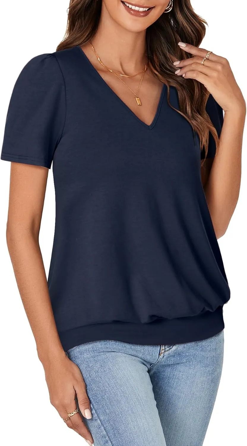 KIFOVEN Women’s Casual Short Sleeve V Neck T Shirt Summer Banded Bottom Loose Fit Tunic Tee Shirt Top