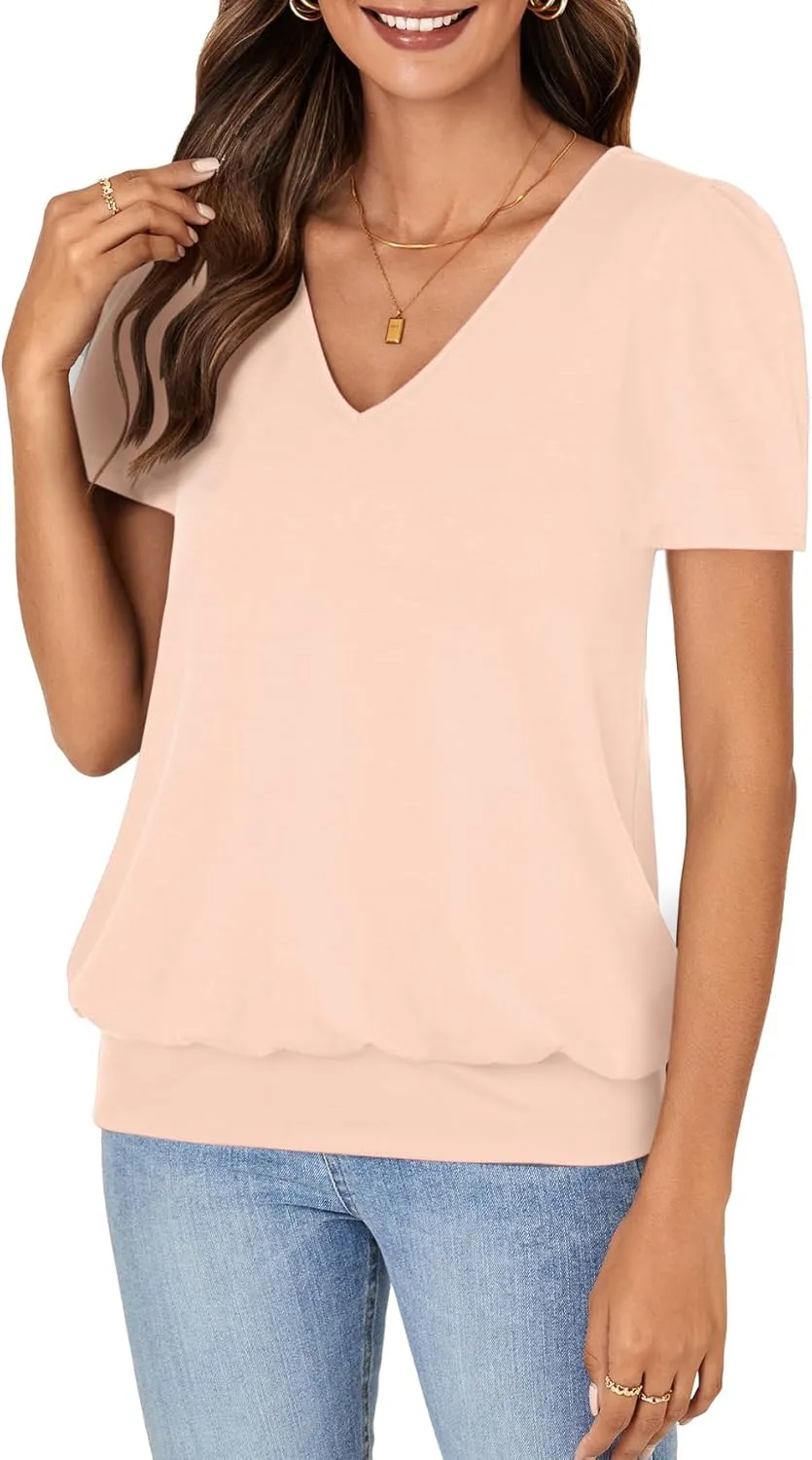 KIFOVEN Women’s Casual Short Sleeve V Neck T Shirt Summer Banded Bottom Loose Fit Tunic Tee Shirt Top