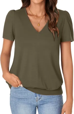 KIFOVEN Women’s Casual Short Sleeve V Neck T Shirt Summer Banded Bottom Loose Fit Tunic Tee Shirt Top
