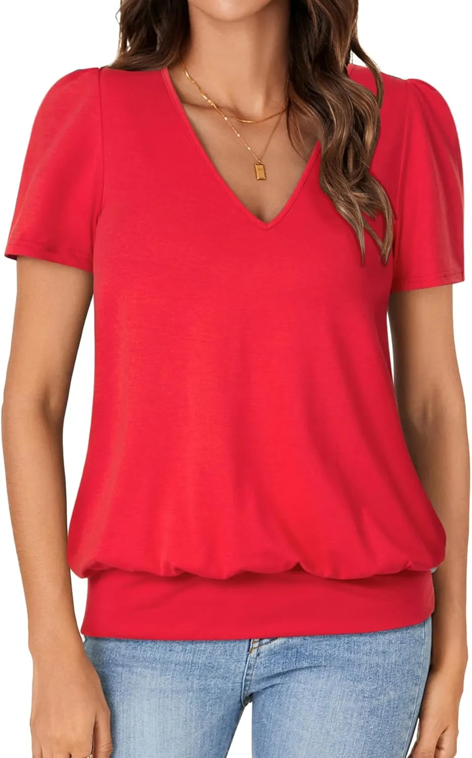 KIFOVEN Women’s Casual Short Sleeve V Neck T Shirt Summer Banded Bottom Loose Fit Tunic Tee Shirt Top