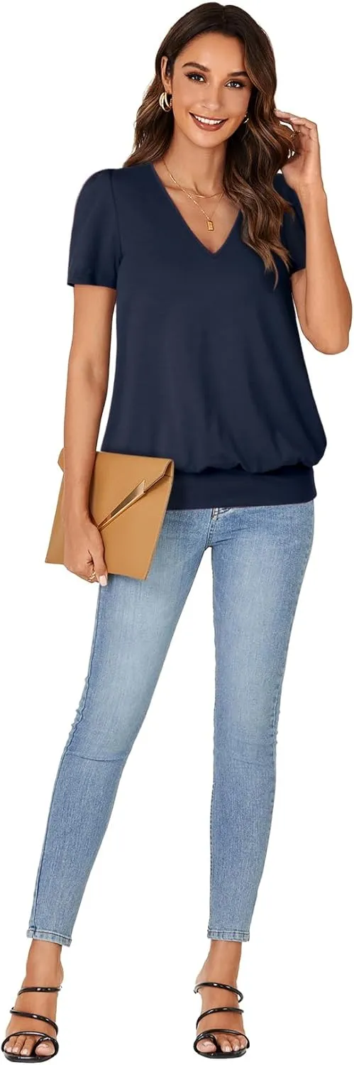 KIFOVEN Women’s Casual Short Sleeve V Neck T Shirt Summer Banded Bottom Loose Fit Tunic Tee Shirt Top