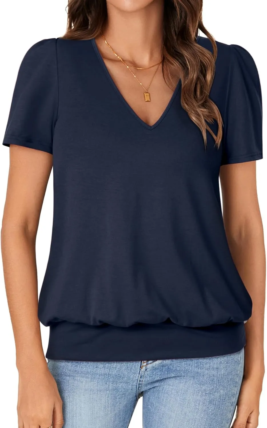 KIFOVEN Women’s Casual Short Sleeve V Neck T Shirt Summer Banded Bottom Loose Fit Tunic Tee Shirt Top