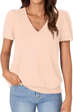KIFOVEN Women’s Casual Short Sleeve V Neck T Shirt Summer Banded Bottom Loose Fit Tunic Tee Shirt Top