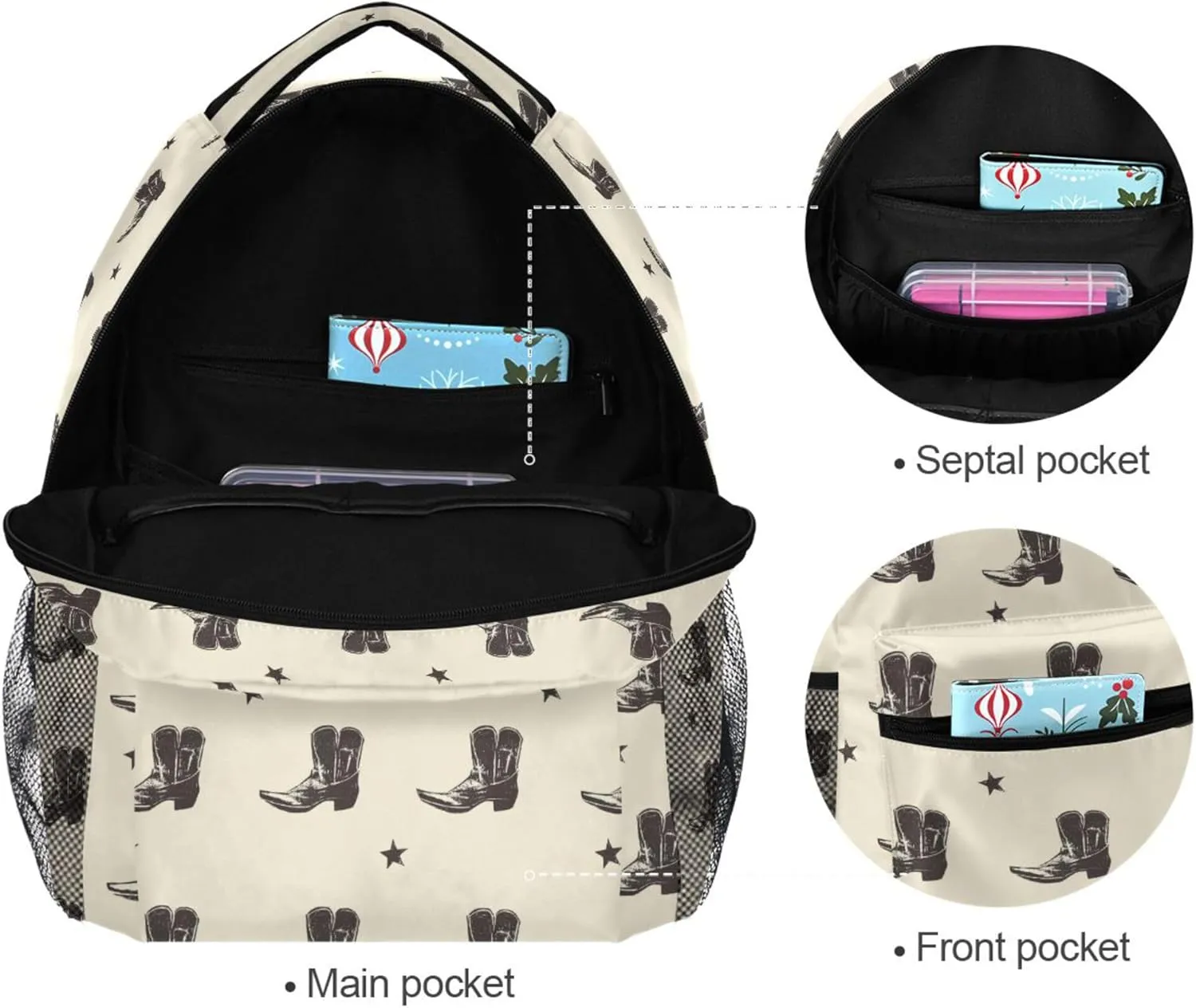KLL Backpacks for Teens Boys Girls Waterproof Travel Laptop Backpack with Chest Strap for Travel Trip Western Cowboy Boots Spurs Primitive Charm