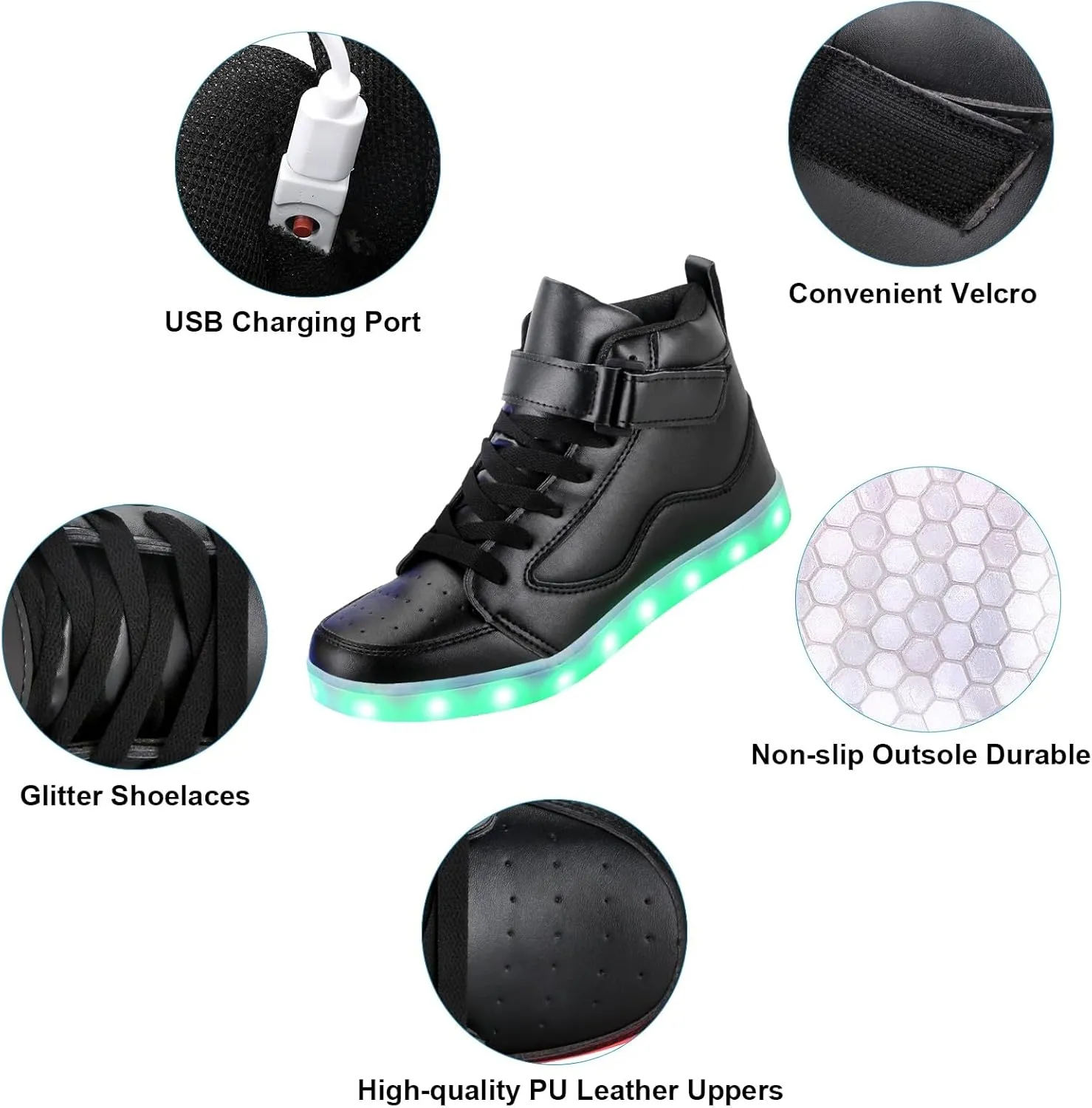 KUNWFNIX Light Up High Top Adult LED Sneakers - Multicolor, Men's & Women's - Glow in The Dark - USB Rechargeable - Dancing Parties