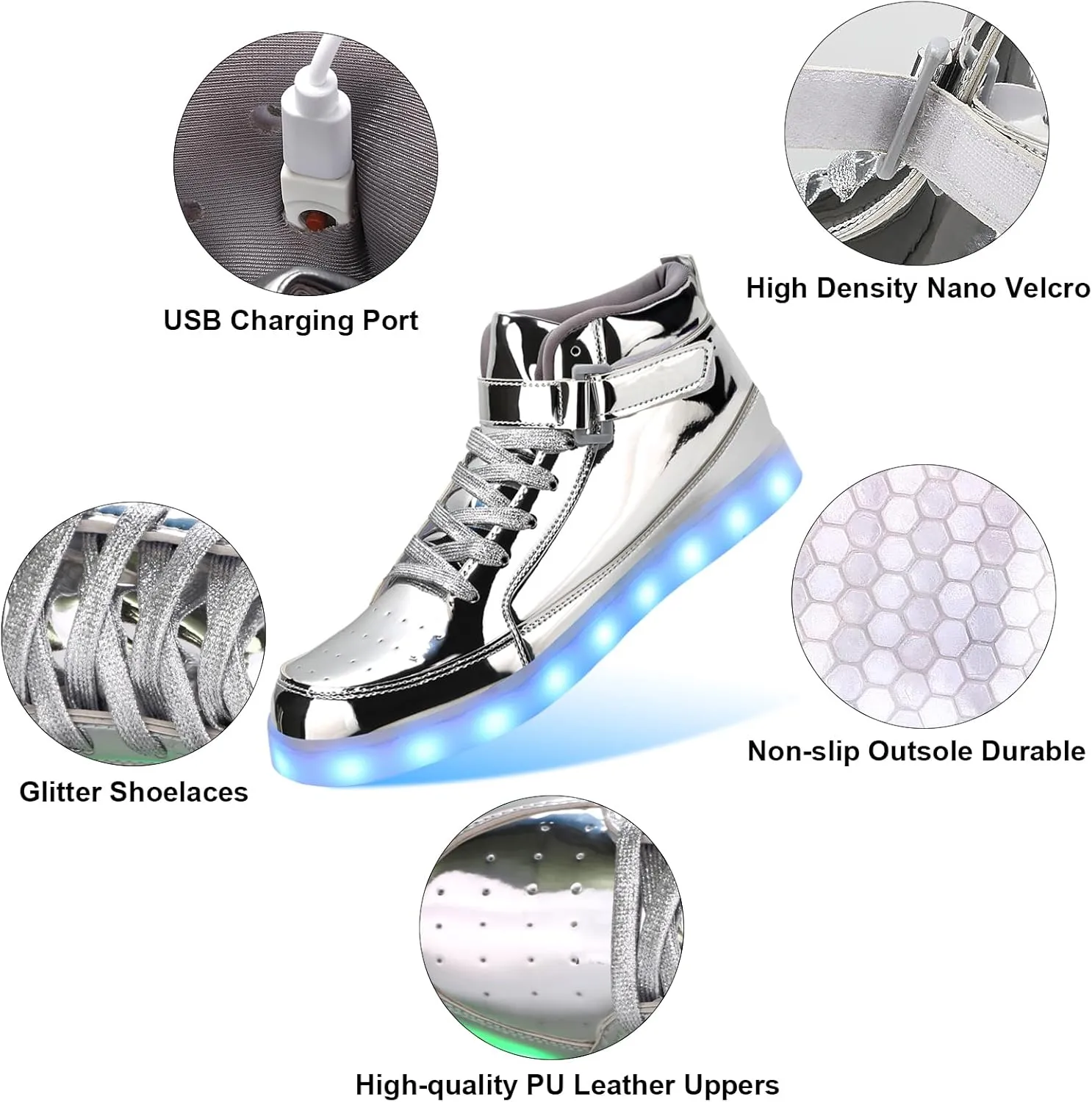 KUNWFNIX Light Up High Top Adult LED Sneakers - Multicolor, Men's & Women's - Glow in The Dark - USB Rechargeable - Dancing Parties