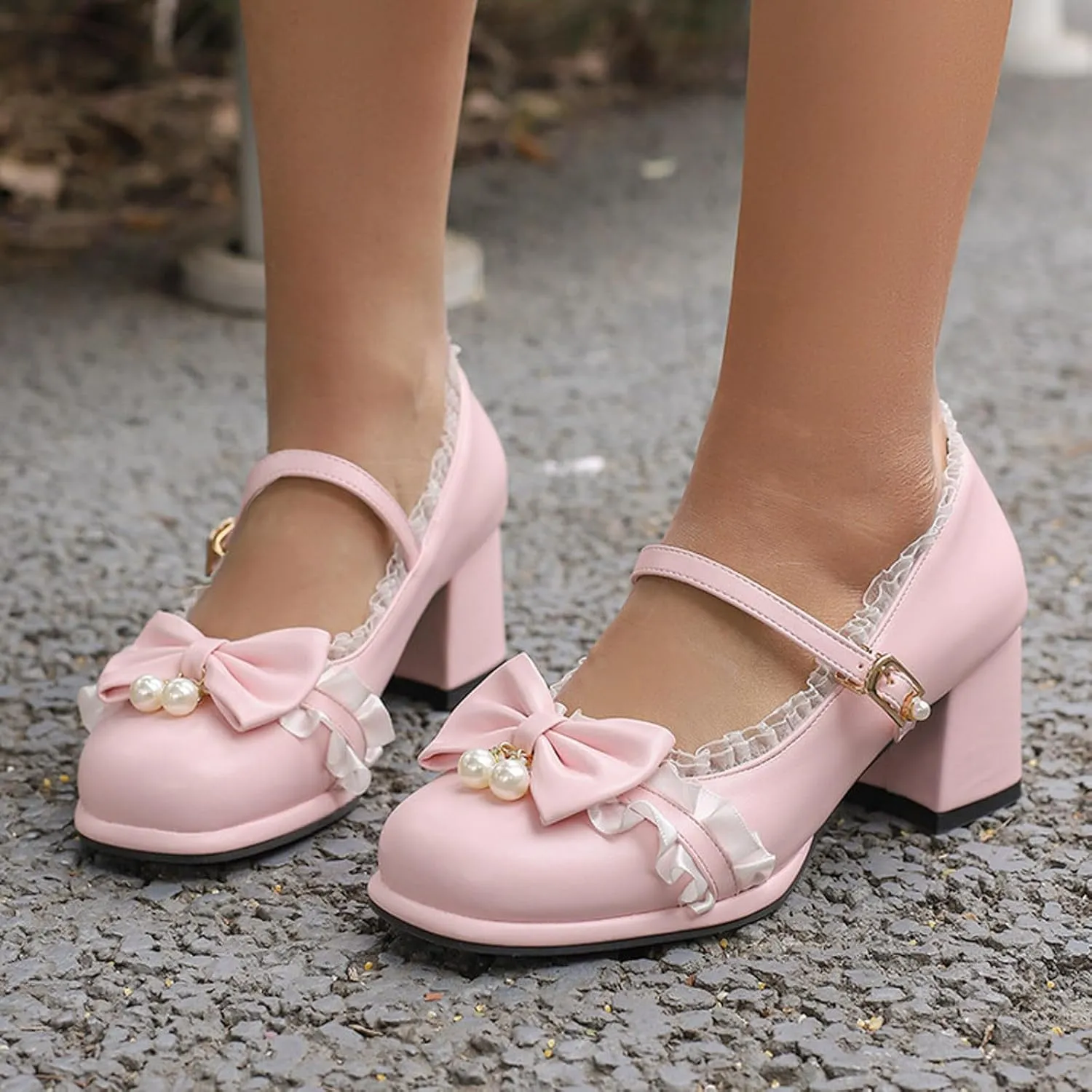 Ladies Retro Single Shoes Chunky Heel Mary Jane Shoes Bowknot College Style Large Size Womens Sandals with Arch Support