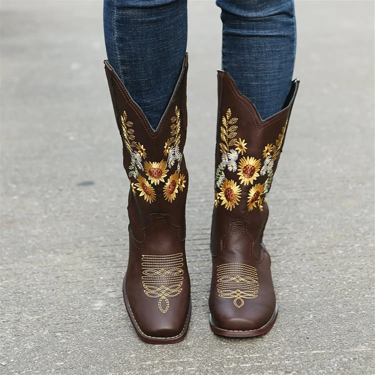 Ladmiple Boots For Women Cowboy Style Wide Calf Sunflower Embroidered Pull On Cowgirl Boots Chunky Heel Western Boots