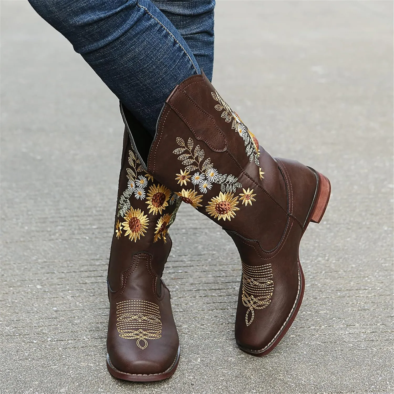 Ladmiple Boots For Women Cowboy Style Wide Calf Sunflower Embroidered Pull On Cowgirl Boots Chunky Heel Western Boots