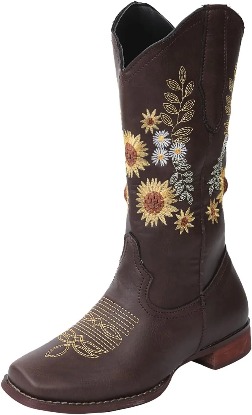 Ladmiple Boots For Women Cowboy Style Wide Calf Sunflower Embroidered Pull On Cowgirl Boots Chunky Heel Western Boots