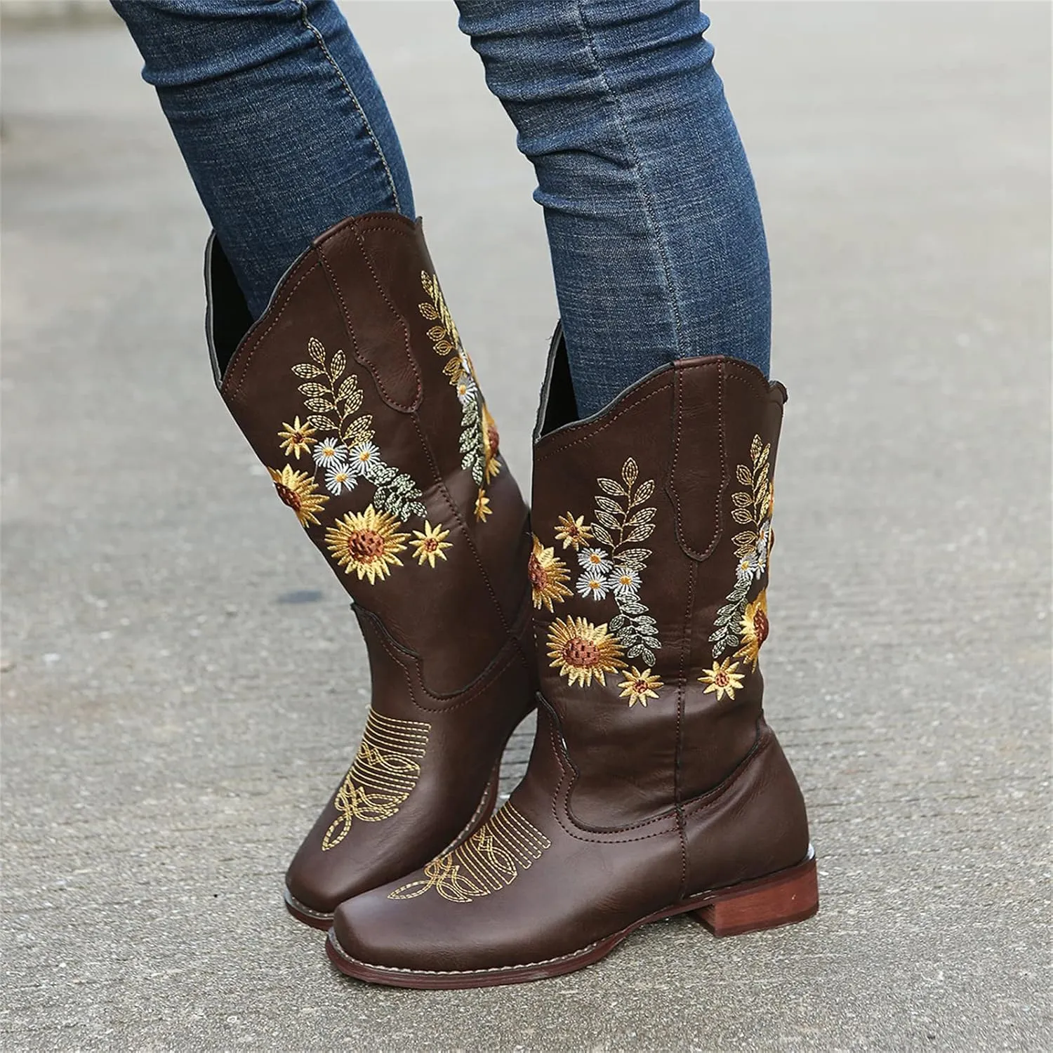 Ladmiple Boots For Women Cowboy Style Wide Calf Sunflower Embroidered Pull On Cowgirl Boots Chunky Heel Western Boots
