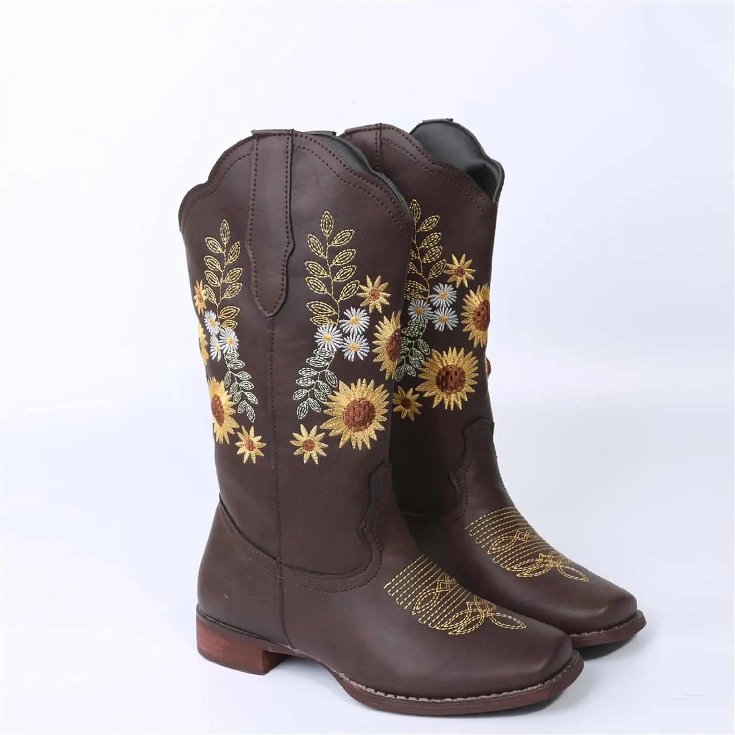 Ladmiple Boots For Women Cowboy Style Wide Calf Sunflower Embroidered Pull On Cowgirl Boots Chunky Heel Western Boots