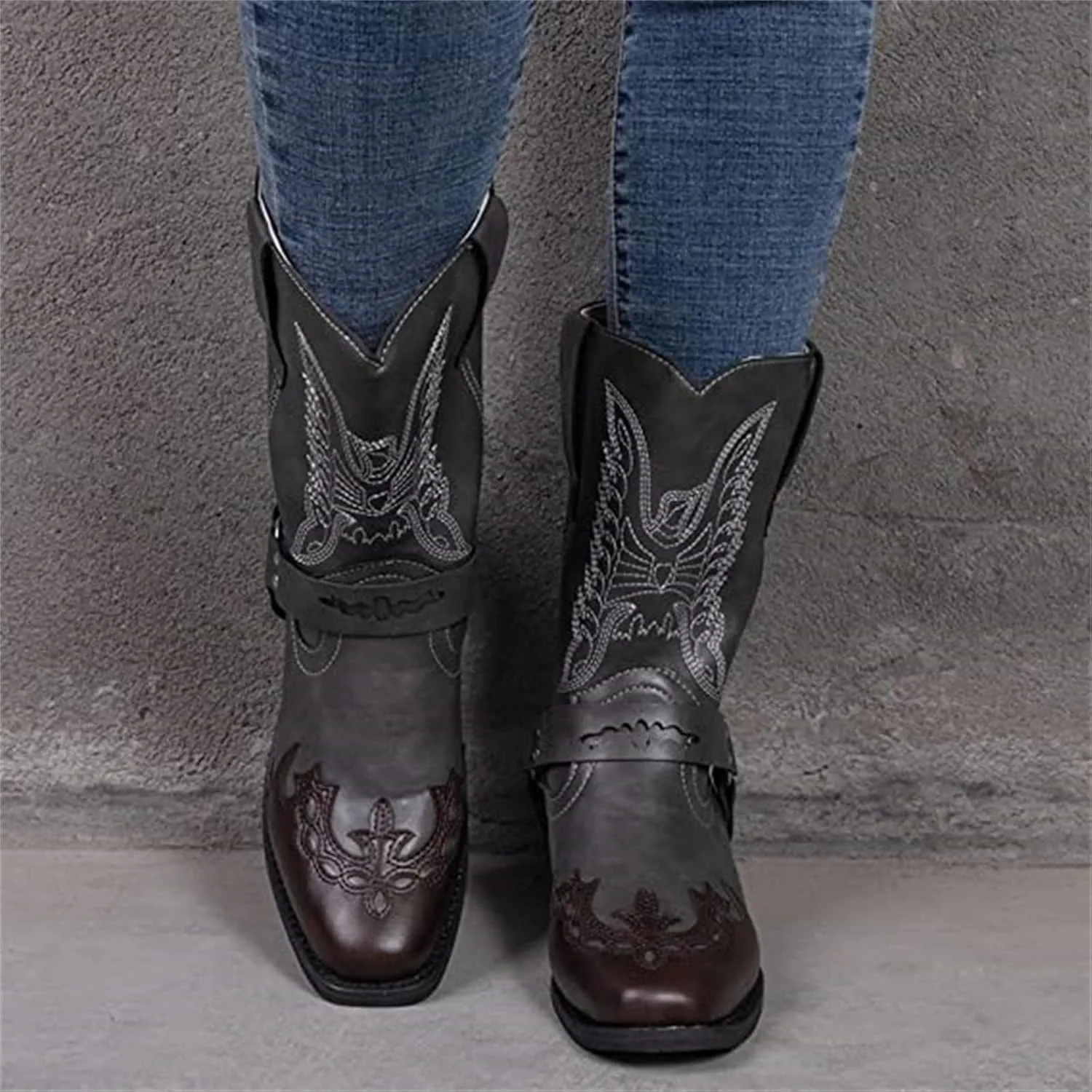 Ladmiple Cowboy Boots For Women Wide Calf Knee High Embroidered Pull-On Chunky Heel Cowgirl Western Fashion Tall Boot