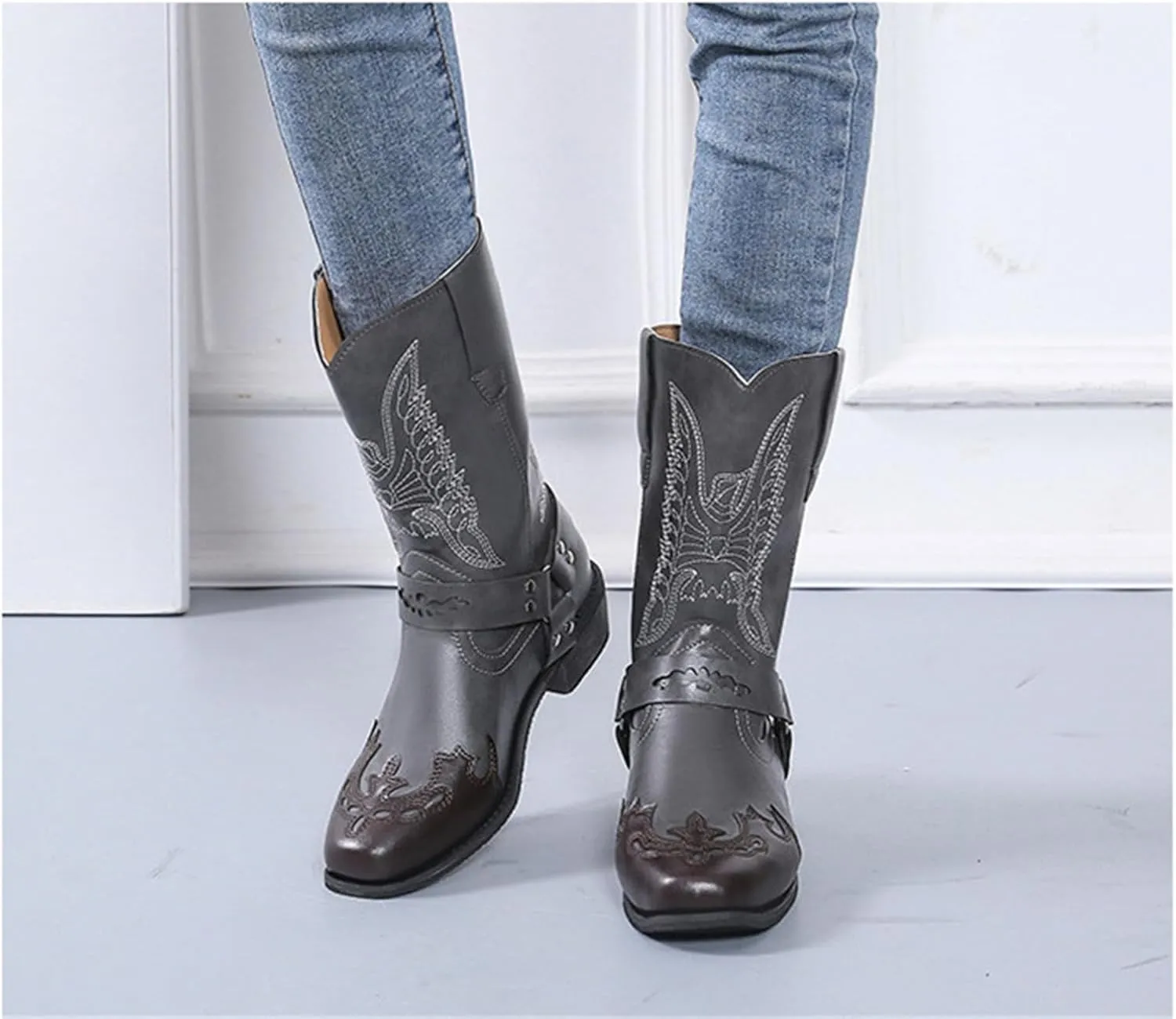 Ladmiple Cowboy Boots For Women Wide Calf Knee High Embroidered Pull-On Chunky Heel Cowgirl Western Fashion Tall Boot