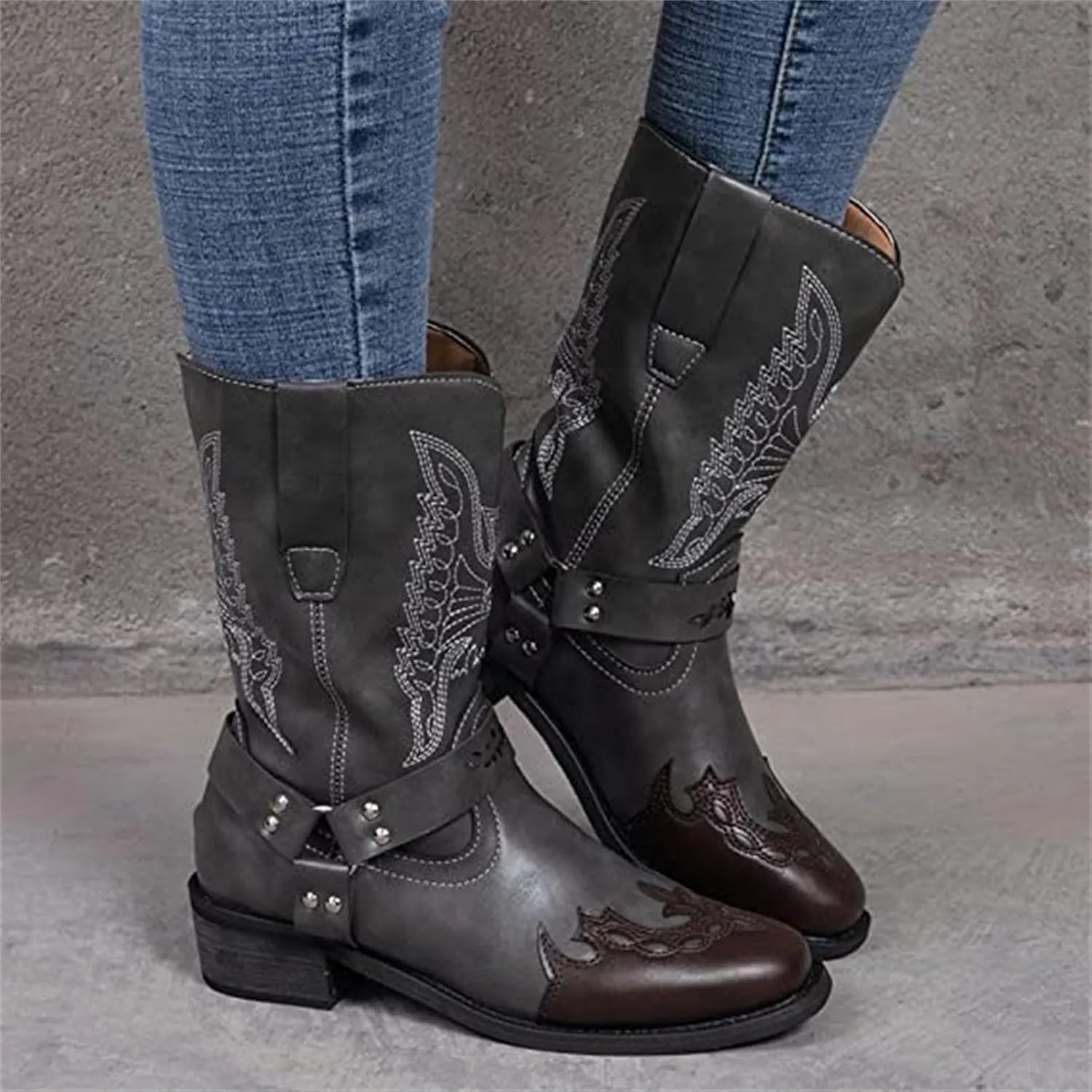 Ladmiple Cowboy Boots For Women Wide Calf Knee High Embroidered Pull-On Chunky Heel Cowgirl Western Fashion Tall Boot
