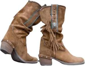 Ladmiple Fringe Boots For Women Boho Cowboy Boots Cowgirl Mid Calf Western Ankle Boots Pull on Fashion Short Booties Walking Shoes