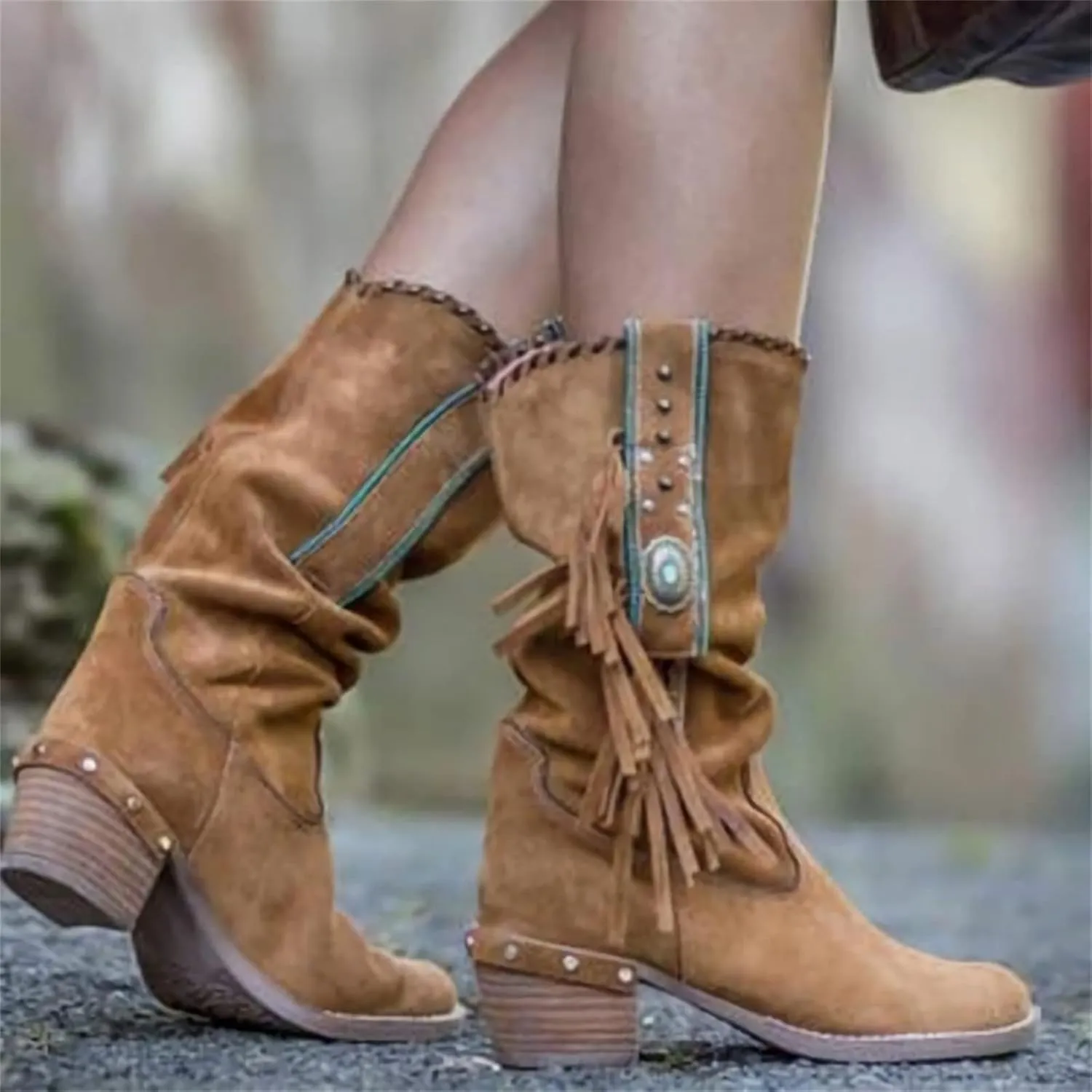 Ladmiple Fringe Boots For Women Boho Cowboy Boots Cowgirl Mid Calf Western Ankle Boots Pull on Fashion Short Booties Walking Shoes