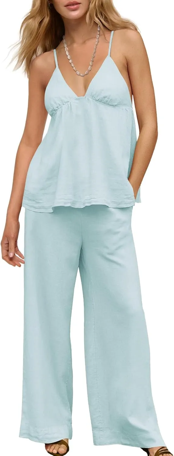LAMISSCHE Sexy Linen Sets for Women 2 Piece Outfits Summer Beach Matching Sets Tank Top and Pants with Pockets