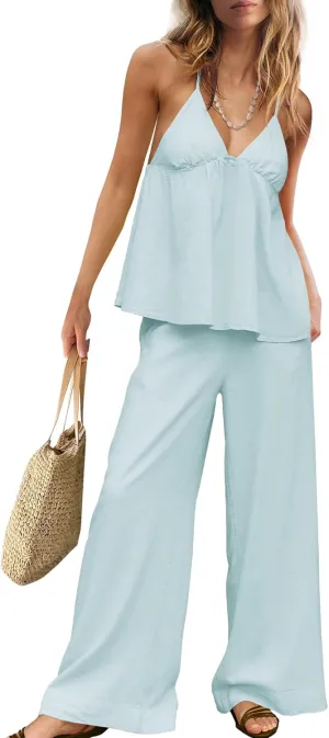 LAMISSCHE Sexy Linen Sets for Women 2 Piece Outfits Summer Beach Matching Sets Tank Top and Pants with Pockets