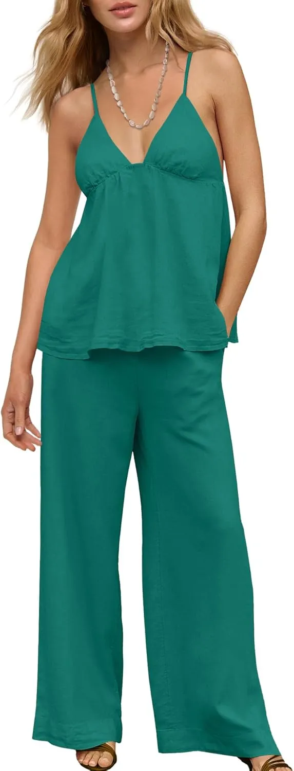 LAMISSCHE Sexy Linen Sets for Women 2 Piece Outfits Summer Beach Matching Sets Tank Top and Pants with Pockets