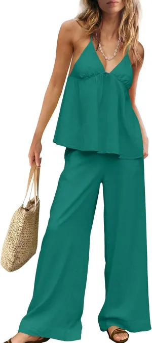 LAMISSCHE Sexy Linen Sets for Women 2 Piece Outfits Summer Beach Matching Sets Tank Top and Pants with Pockets