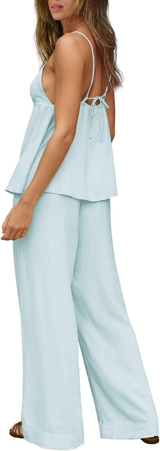 LAMISSCHE Sexy Linen Sets for Women 2 Piece Outfits Summer Beach Matching Sets Tank Top and Pants with Pockets