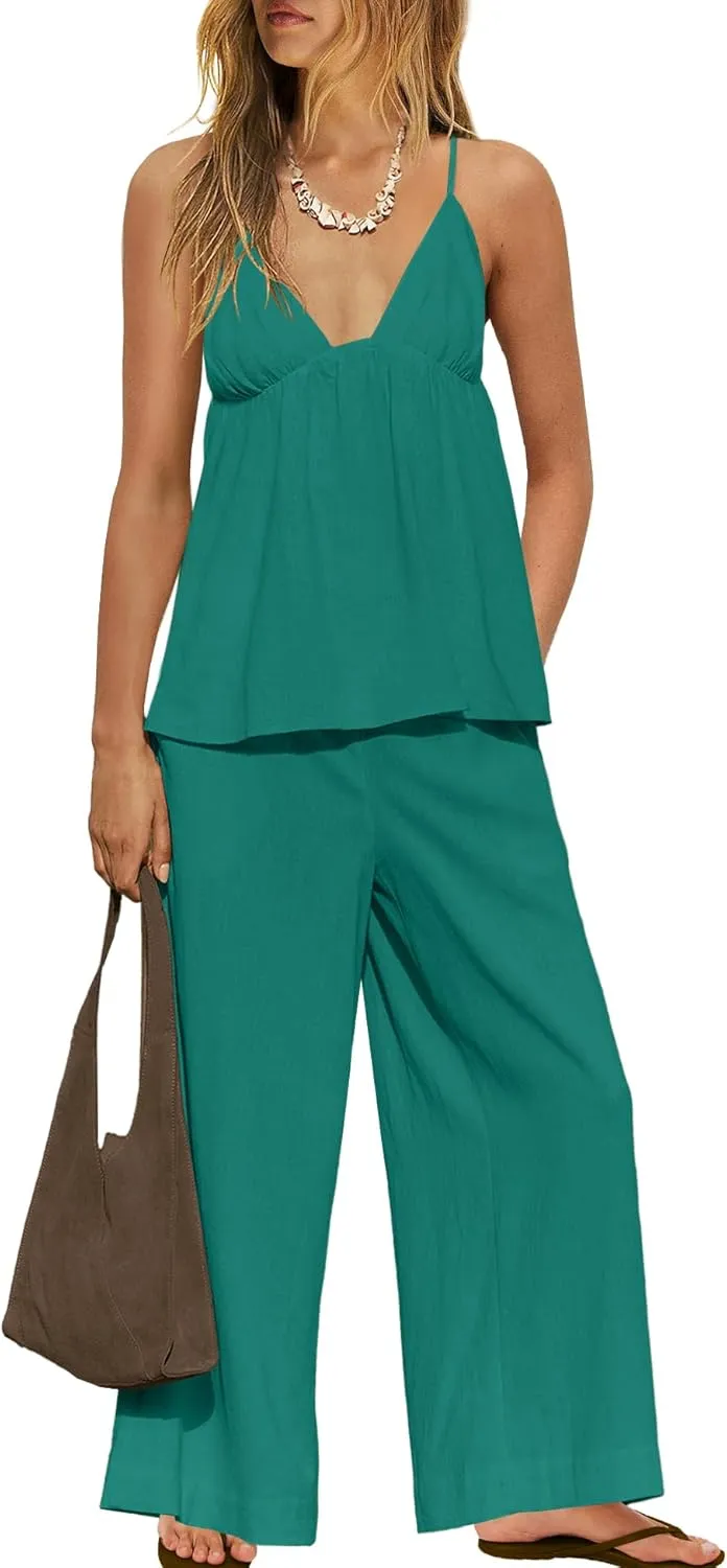 LAMISSCHE Sexy Linen Sets for Women 2 Piece Outfits Summer Beach Matching Sets Tank Top and Pants with Pockets
