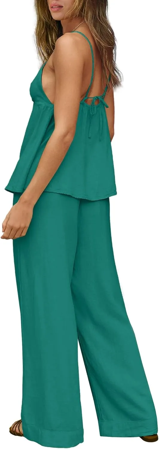 LAMISSCHE Sexy Linen Sets for Women 2 Piece Outfits Summer Beach Matching Sets Tank Top and Pants with Pockets
