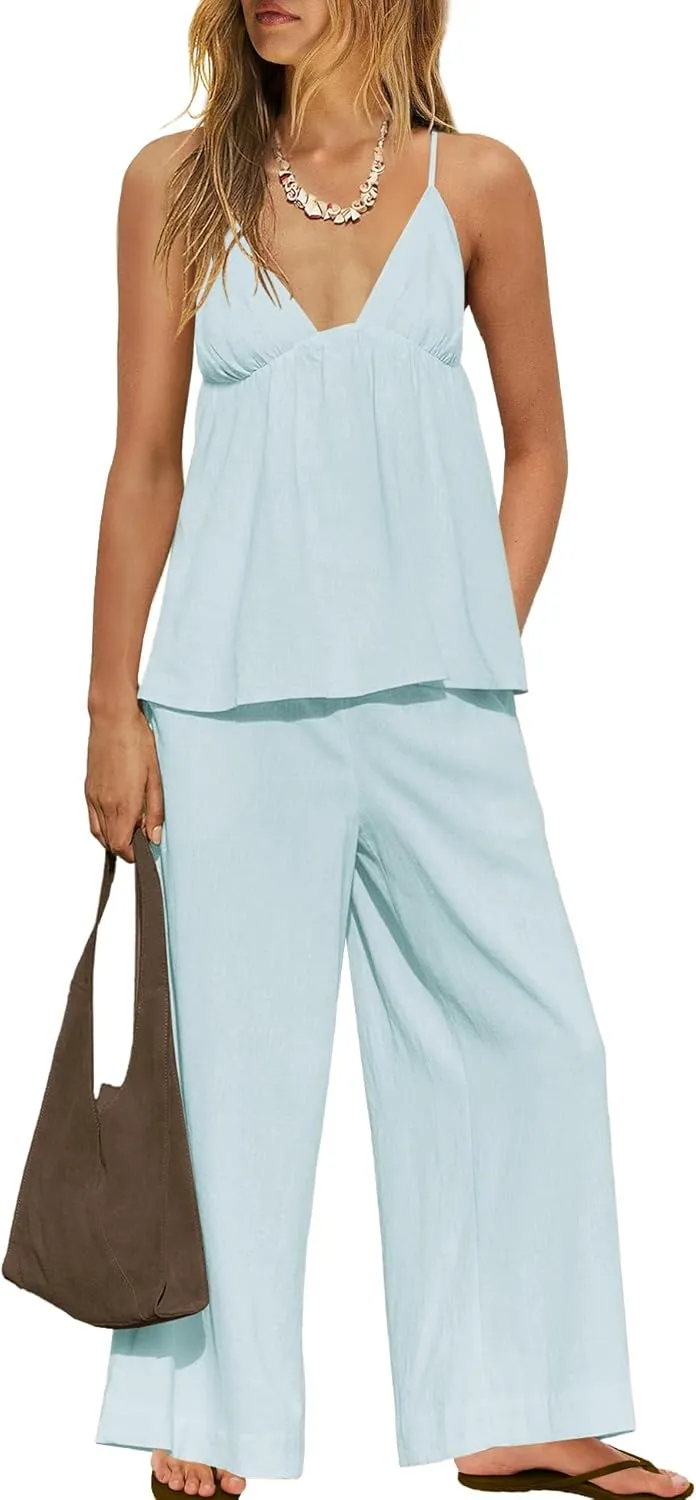 LAMISSCHE Sexy Linen Sets for Women 2 Piece Outfits Summer Beach Matching Sets Tank Top and Pants with Pockets