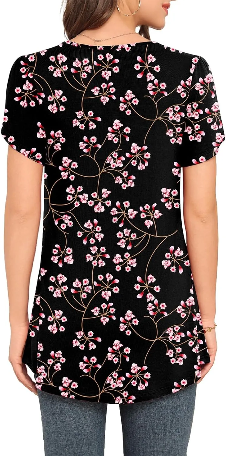 LAOLASI Womens 2025 Summer Tunic Petal Short Sleeve Casual Tops V Neck Flowy Tee Hide Belly Shirt Blouse